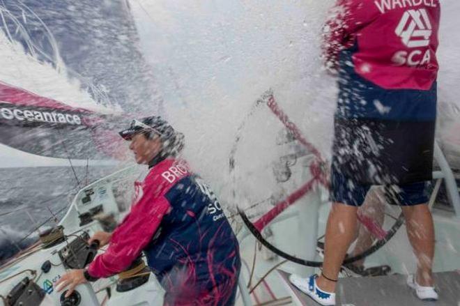 Onboard Team SCA – Carolijn Brouwer and Liz Wardley get hammered by a wave - Leg six to Newport – Volvo Ocean Race 2015 © Corinna Halloran / Team SCA