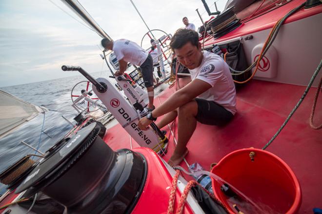 April 20,2015. Leg 6 to Newport onboard Dongfeng Race Team. Day 1. Surrounded by water but we can’t drink unless we pump © Sam Greenfield/Dongfeng Race Team/Volvo Ocean Race
