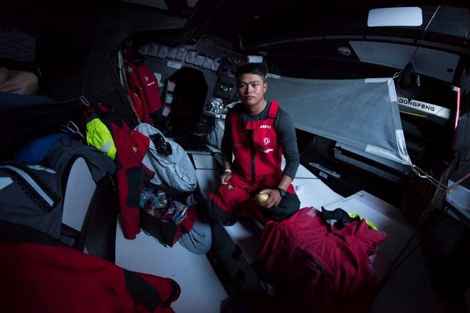 Leg six to Newport onboard Dongfeng Race Team. Day three. At this point,this feels like home for Liu Xue,aka Black. - Volvo Ocean Race 2015 © Sam Greenfield/Dongfeng Race Team/Volvo Ocean Race