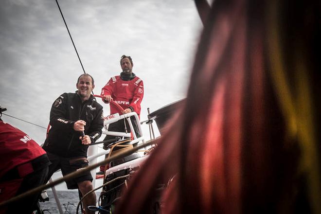 April 3,2015. Leg 5 to Itajai onboard MAPFRE. Day 15. Iker Martinez and Jean Luc Nelias during a tack.  © Francisco Vignale/Mapfre/Volvo Ocean Race