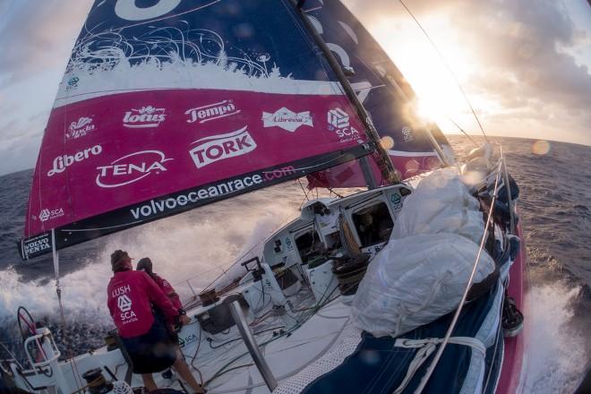 Leg six to Newport onboard Team SCA. Day 10. The sunsets on Team SCA as the team sends it offshore hitting speeds of 25+kts. - Volvo Ocean Race 2015 © Corinna Halloran / Team SCA