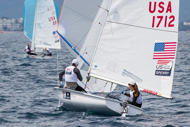 Annie Haeger and Briana Provancha (foreground) racing in Hyères, with US teammates Sydney Bolger and Carly Shevitz, Women's 470 class. © Will Ricketson / US Sailing Team http://home.ussailing.org/