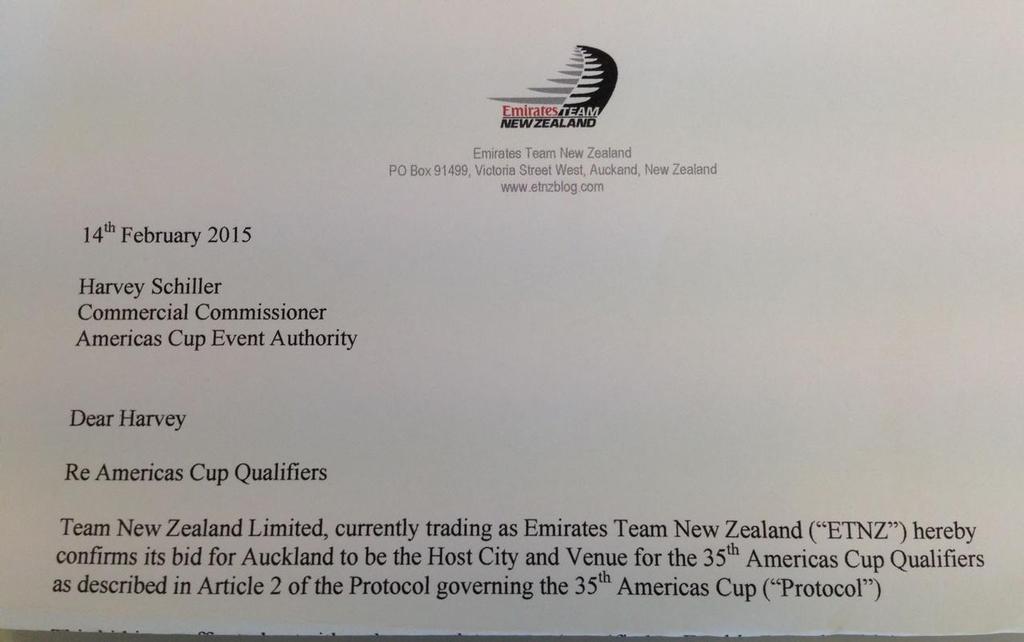 Letterhead head of the Host City and Venue bid from Emirates Team New Zealand, dated the day before (NZT) the required publication of the Qualifier venue and dates.  © SW