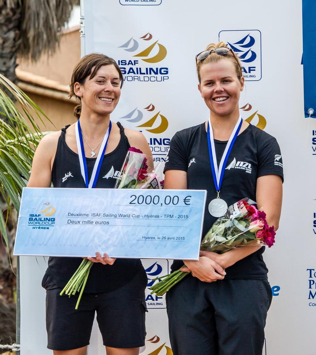 Jo Aleh and Polly Powrie with their second place prize - Day 5 ISAF World Sailing Cup, Hyeres ©  Jesus Renedo / Sailing Energy http://www.sailingenergy.com/