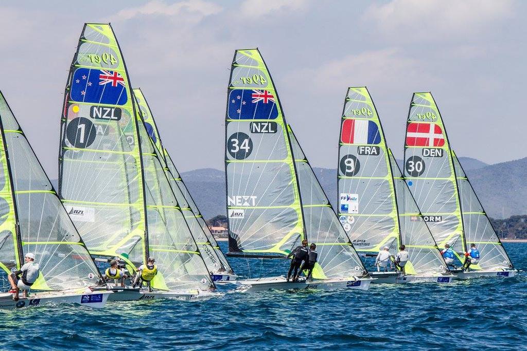 49er start - Day 3 of the ISAF Sailing World Cup in Hyeres, France photo copyright  Jesus Renedo / Sailing Energy http://www.sailingenergy.com/ taken at  and featuring the  class