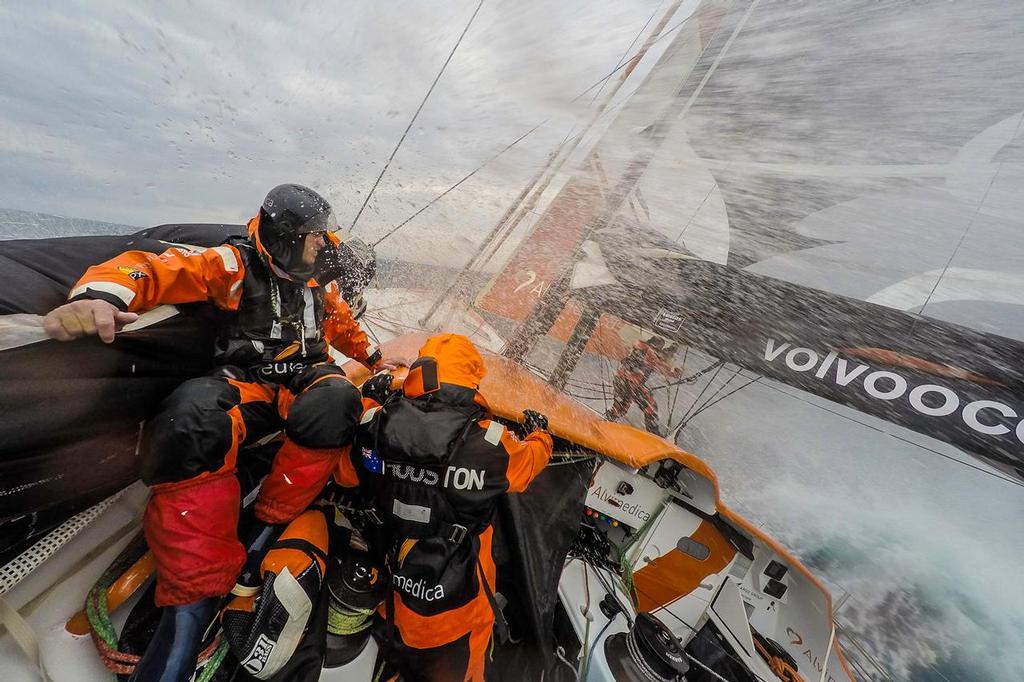 April 1, 2015. Leg 5 to Itajai onboard Team Alvimedica. Day 15. Conditions worsen as the fleet outuns a nasty system of low pressure moving east off the coast of South America, with upwind sailing in 35-40 knots of wind creating uncomfortable sailing. Lots of movement on deck after another reef is added. photo copyright  Amory Ross / Team Alvimedica taken at  and featuring the  class