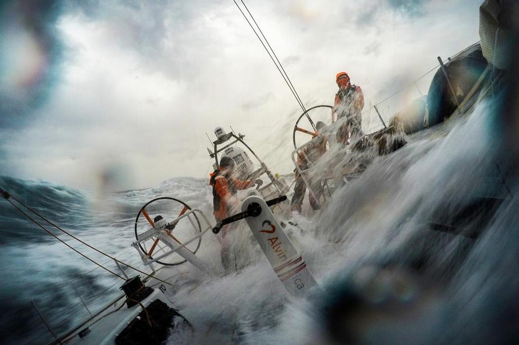 April 1, 2015. Leg 5 to Itajai onboard Team Alvimedica. Day 15. Conditions worsen as the fleet outuns a nasty system of low pressure moving east off the coast of South America, with upwind sailing in 35-40 knots of wind creating uncomfortable sailing. Stu Bannatyne drives upwind in very rough South Atlantic conditions. photo copyright  Amory Ross / Team Alvimedica taken at  and featuring the  class