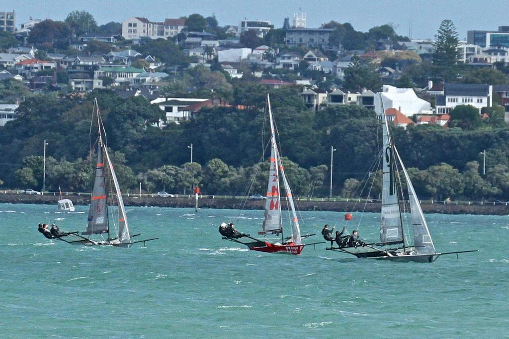 Thurlow Fisher leads  Knight Frank and C-Tech - Day 3, ANZAC 18ft Skiff Regatta, Auckland photo copyright Richard Gladwell www.photosport.co.nz taken at  and featuring the  class