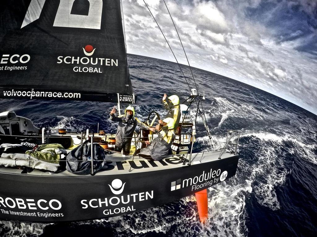 April 21, 2015. Leg 6 to Newport onboard Team Brunel. Day 2. The team feel good... finally gaining again... We are fast!<br />
 © Stefan Coppers/Team Brunel