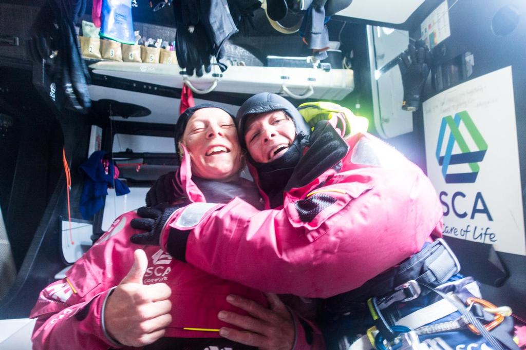 April 1, 2015. Leg 5 to Itajai onboard Team SCA. Day 14. All good. Abby Ehler and Liz Wardley during watch change. © Anna-Lena Elled/Team SCA
