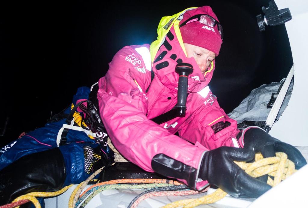 April 1, 2015. Leg 5 to Itajai onboard Team SCA. Day 14. Annie Lush in the pit. © Anna-Lena Elled/Team SCA