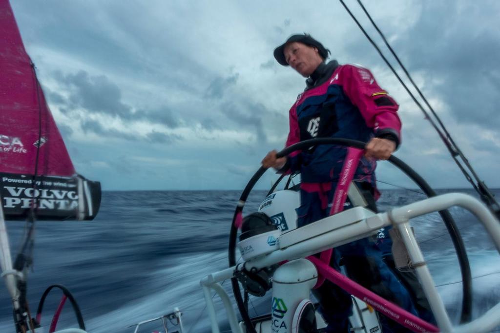 April 22, 2015. Leg 6 to Newport onboard Team SCA. Day 3. Carolijn Brouwer helms the last of the 18 knots that Team SCA enjoyed with the Volvo Ocean 65 fleet today. photo copyright Corinna Halloran / Team SCA taken at  and featuring the  class