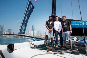 Ali Al Balashi, Andy Tourell and Stevie Morrison as Oman Air are announced as Official Airline to the Series - Extreme Sailing Series™ - Qingdao photo copyright Mark Lloyd http://www.lloyd-images.com taken at  and featuring the  class