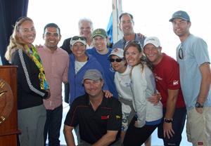 Liz Hjorth (on left), Mayor Robert Garcia (next to Hjorth), LBYC Commodore John Fleishman (in back) and Hjorth’s team share in a trophy presentation photo-op for Hjorth’s second-place finish - 2015 Mayor’s Cup photo copyright Long Beach Yacht Club http://www.lbyc.org taken at  and featuring the  class