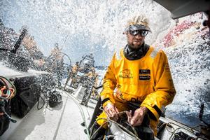 Leg six to Newport onboard Abu Dhabi Ocean Racing. Day 10. Daryl Wislang readies a reefing line as the spray is launched over his head. - Volvo Ocean Race 2015 photo copyright Matt Knighton/Abu Dhabi Ocean Racing taken at  and featuring the  class