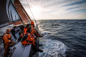 April 3,2015. Leg 5 to Itajai onboard Team Alvimedica. Day 16. A light morning gives the team a chance to catch their breath and dry out the boat,only before another 36 hours of forecasted heavy winds to return. Abu Dhabi crosses on the horizon ahead by two miles,bringing everyone to the rail before a tack to follow. photo copyright  Amory Ross / Team Alvimedica taken at  and featuring the  class