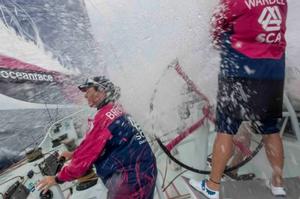 Onboard Team SCA – Carolijn Brouwer and Liz Wardley get hammered by a wave - Leg six to Newport – Volvo Ocean Race 2015 photo copyright Corinna Halloran / Team SCA taken at  and featuring the  class