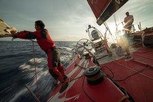 Leg six to Newport onboard Dongfeng Race Team. Day 1. Jin Hao Chen 'Horace' and Martin Stromberg on watch. - Volvo Ocean Race 2015 photo copyright Sam Greenfield/Dongfeng Race Team/Volvo Ocean Race taken at  and featuring the  class