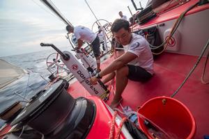 April 20,2015. Leg 6 to Newport onboard Dongfeng Race Team. Day 1. Surrounded by water but we can't drink unless we pump photo copyright Sam Greenfield/Dongfeng Race Team/Volvo Ocean Race taken at  and featuring the  class