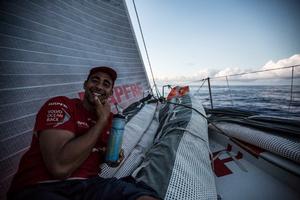 Leg six to Newport onboard MAPFRE. Day six. Relaxing time and jokes on the bow with Willy Altadill - Volvo Ocean Race 2015 photo copyright Francisco Vignale/Mapfre/Volvo Ocean Race taken at  and featuring the  class
