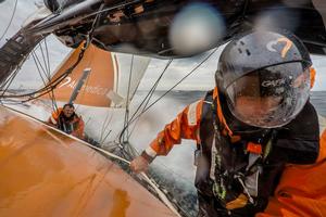 Nick Dana and Dave Swete work on the jib leads in windy upwind conditions - Leg five to Itajai -  Volvo Ocean Race 2015 photo copyright  Amory Ross / Team Alvimedica taken at  and featuring the  class