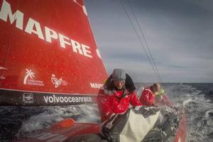 Onboard MAPFRE - Some spray on deck while doing the hard job of stacking sails - Leg five to Itajai -  Volvo Ocean Race 2015 photo copyright Francisco Vignale/Mapfre/Volvo Ocean Race taken at  and featuring the  class