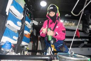 Onboard Team SCA - Sara Hastreiter is warming up with hot drink after her watch - Leg five to Itajai -  Volvo Ocean Race 2015 photo copyright Anna-Lena Elled/Team SCA taken at  and featuring the  class