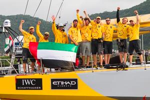 The Abu Dhabi crew celebrate winning the marquee Volvo Ocean Race Southern Ocean leg five on 5 April 2015 - Volvo Ocean Race 2015 photo copyright  Ian Roman / Abu Dhabi Ocean Racing taken at  and featuring the  class