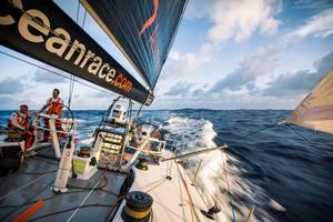 Onboard Team Alvimedica – Watch partners Mark Towill (driving) and Alberto Bolzan (sitting) sailing downwind near sunset - Volvo Ocean Race 2015 photo copyright  Amory Ross / Team Alvimedica taken at  and featuring the  class