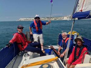 (L-R) Will Winter with Allegro's owner John Ettling, Jem Barnecutt and Ray Davies (both crew from last year) photo copyright George Jellicoe taken at  and featuring the  class