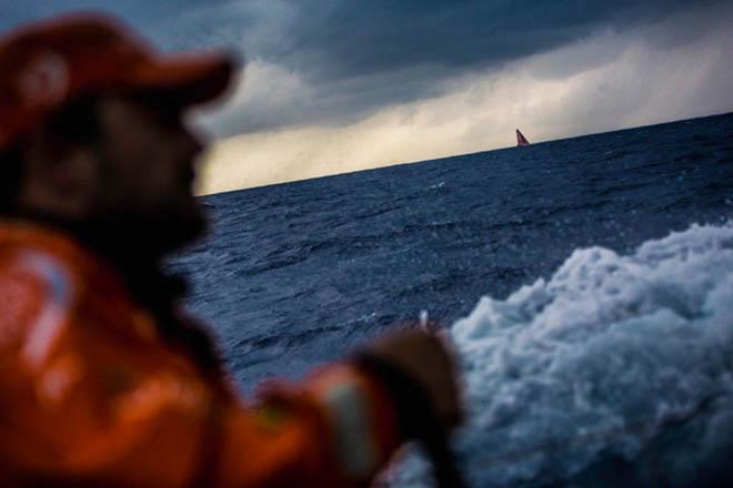 Leg 6 to Newport onboard Team Alvimedica. Day 14. MAPFRE reaches off to the west as more post-frontal clouds and strong winds move in from the north. The fleet sticks together on the track northwest towards the next cold front,a day or two away,before beginning the final sprint north to Newport,just over 1,000 miles away.  ©  Amory Ross / Team Alvimedica