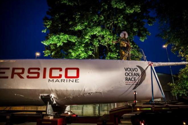 Last night, Team Vestas’ VO65 leaves Persico Marine for the port of Savona, en route to Lisbon - Volvo Ocean Race 2014-15 © Team Vestas Wind