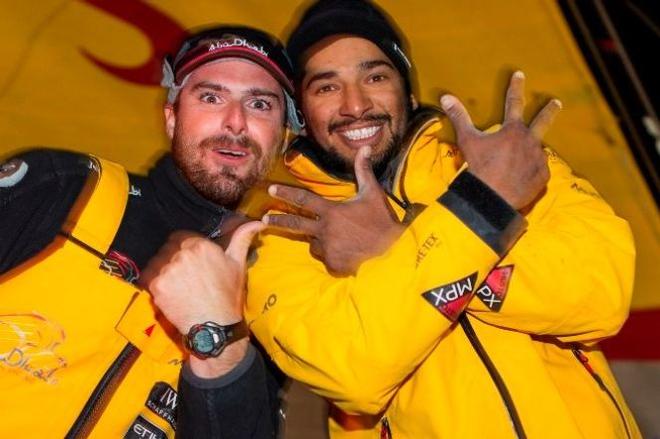 ADORs American Onboard Reporter Matt Knighton celebrates the second-place result into his home country with Adil Khalid - Volvo Ocean Race 2015 ©  Ian Roman / Abu Dhabi Ocean Racing