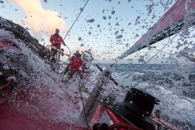 Leg 6 to Newport onboard Dongfeng Race Team. Day 11. I wonder how many gallons of ocean water will run across this deck over 9 months? © Sam Greenfield/Dongfeng Race Team/Volvo Ocean Race