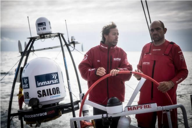 Leg 7 to Lisbon onboard MAPFRE. Day 07. Iker Martinez and Xabi Fernendez discussing options while both of them steer the boat. - Volvo Ocean Race 2015 © Francisco Vignale/Mapfre/Volvo Ocean Race