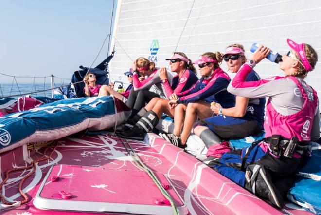 Leg 7 to Lisbon onboard Team SCA. Day 00. Light winds. The crew takes a break on the foredeck between the tacks. - Volvo Ocean Race 2015 © Anna-Lena Elled/Team SCA