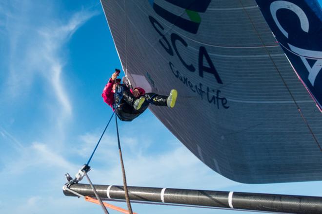  Leg 7 to Lisbon onboard Team SCA. Day 4. LIz Wardley adds another sheet to the headsail.  © Anna-Lena Elled/Team SCA