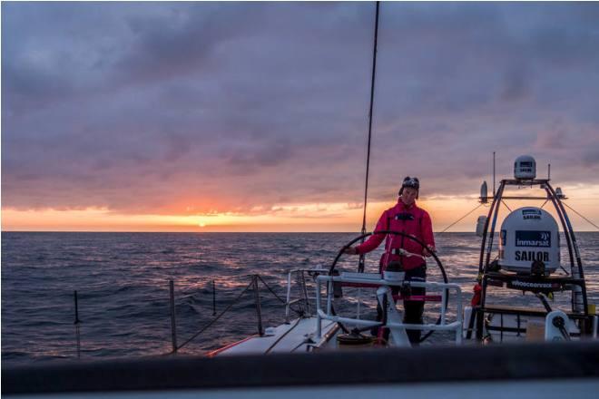 Leg 7 to Lisbon onboard Team SCA. Day 7. Carolijn Brouwer driving at sunset. - Volvo Ocean Race 2015 © Anna-Lena Elled/Team SCA