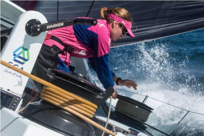 Leg 7 to Lisbon onboard Team SCA. Day 08. Elodie Mettraux trimming the sails. Difficult conditions with wind coming and going. - Volvo Ocean Race 2015 © Anna-Lena Elled/Team SCA