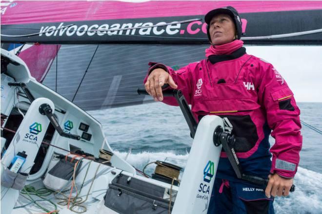 Leg 7 to Lisbon onboard Team SCA. Day 8. Abby Ehler at the pedestal listening to the latest position report. - Volvo Ocean Race 2015 © Anna-Lena Elled/Team SCA