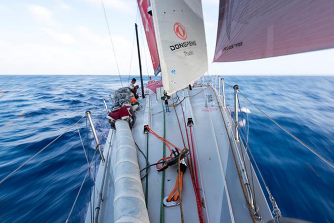 Day 12. To clear the rudders of Sargasso weed, Charles Caudrelier throws the boat into a violent turn but it doesn't bother Liu Xue 'Black'. © Sam Greenfield/Dongfeng Race Team/Volvo Ocean Race