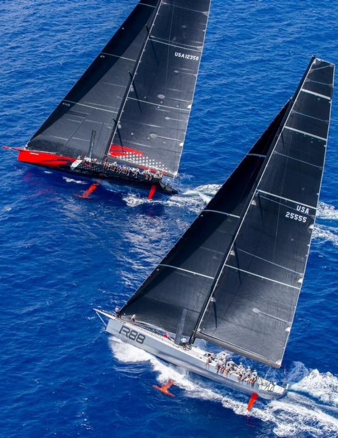Comanche and Rambler lined up for the first time in the 2015 Les Voiles de St. Barth. The two Maxis will race across the Atlantic in July from Newport, R.I. to the Lizard, UK with the Transatlantic Race 2015 © Christophe Jouany