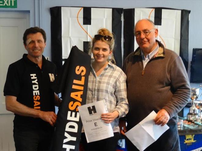Dave Hall of Hyde Sails presenting Beth Porter (Hyde's Prize Draw Winner) with her Prize Voucher from Hyde Sails for a new Hyde Sail jib, pictured with Dave Stanniforth, Enterprise Association Commodore - Hyde Sails Enterprise Inland Championship © Paula Southworth