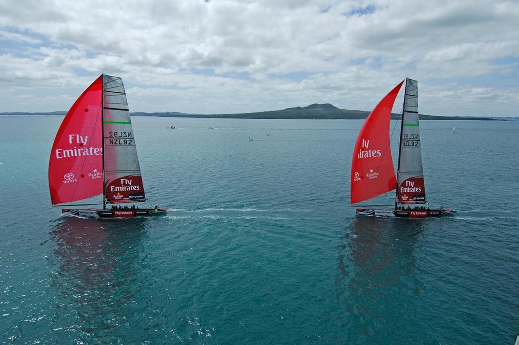 Emirates Team New Zealand sail NZ92 and NZL84 down wind in a testing session on the Hauraki gulf. 7/12/2006 photo copyright Chris Cameron/ETNZ http://www.chriscameron.co.nz taken at  and featuring the  class