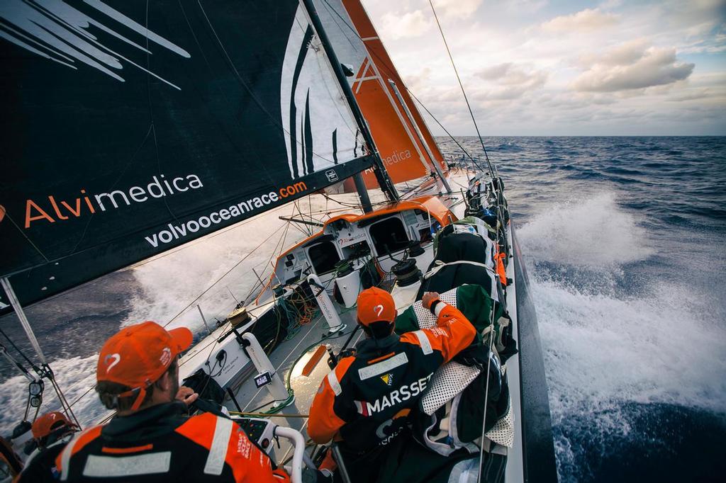 May 04, 2015. Leg 6 to Newport onboard Team Alvimedica. Day 15. Fast upwind sailing as the light fades on a cloudy night in the North Atlantic. Through the cold front, it's back upwind in 15-20 knots north towards Newport and colder water, 750 miles away. photo copyright  Amory Ross / Team Alvimedica taken at  and featuring the  class