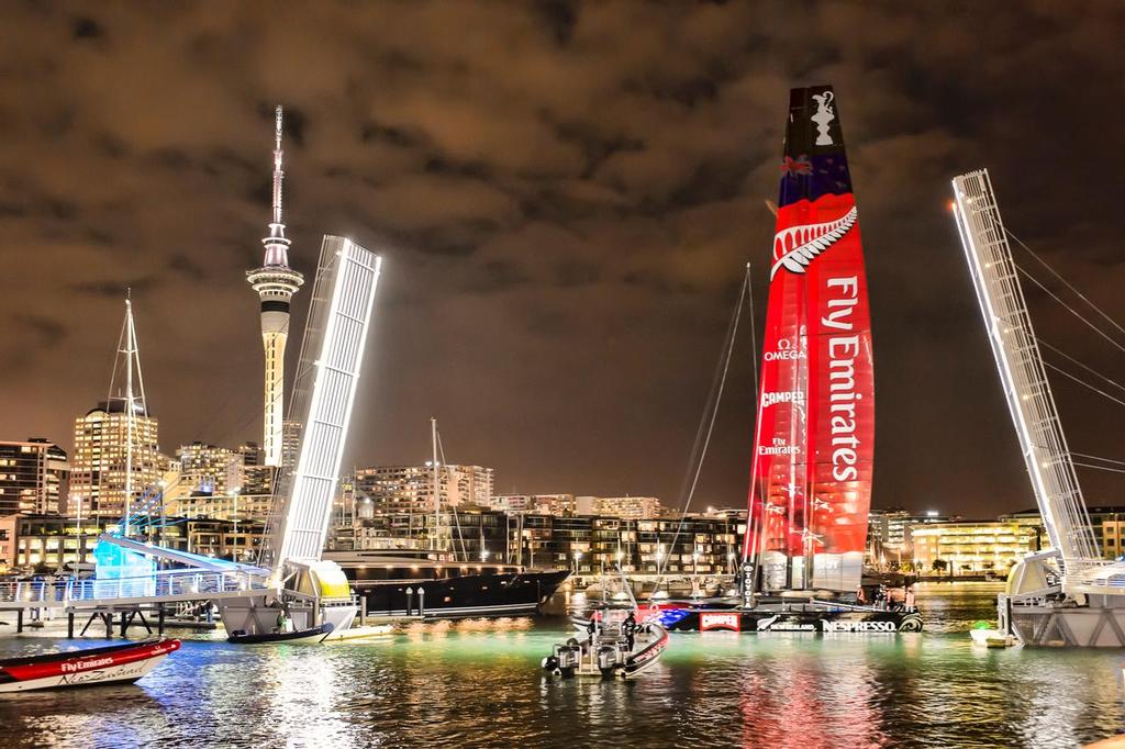 Emirates Team New Zealand's AC72 is manouvered back to the base after the dress rehearsal of the naming ceremony in Auckland. 20/7/2012 photo copyright Chris Cameron/ETNZ http://www.chriscameron.co.nz taken at  and featuring the  class