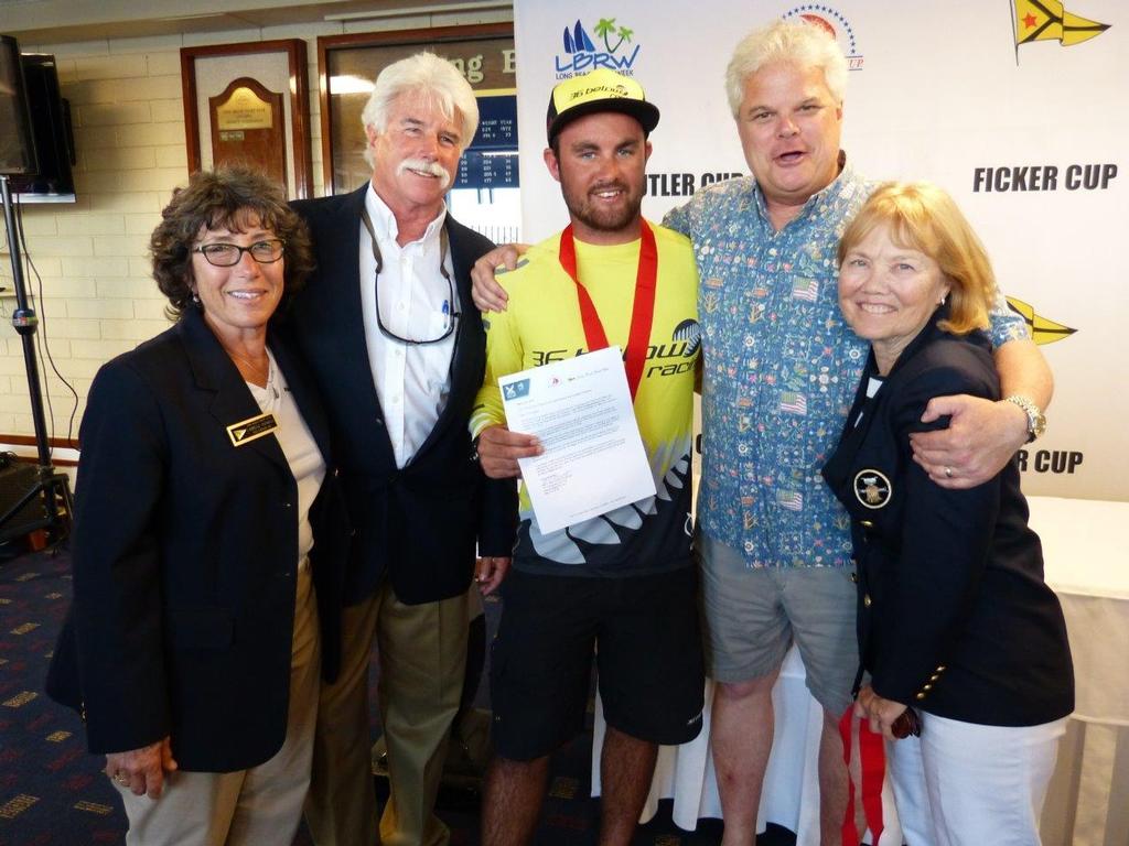 Ficker Cup co-chair Camille Daniels, ConCup chair Bill Durant, winner Chris Steele, LBYC comm. John Fleishman, Ficker Cup co-chair Mary Voigt - present invitation to Con Cup - Final day action of the 2015 Ficker Cup photo copyright Long Beach Yacht Club http://www.lbyc.org taken at  and featuring the  class