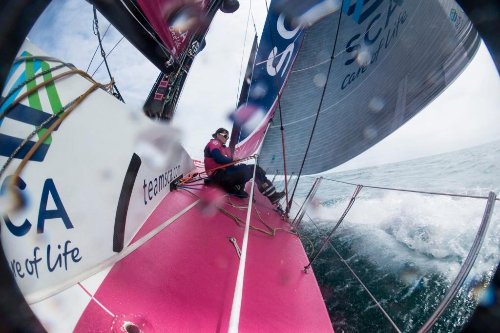 May 25, 2015. Leg 7 to Lisbon onboard Team SCA.  Justine Mettraux adjusting the clew. Volvo Ocean Race 2014-15 photo copyright Anna-Lena Elled/Team SCA taken at  and featuring the  class
