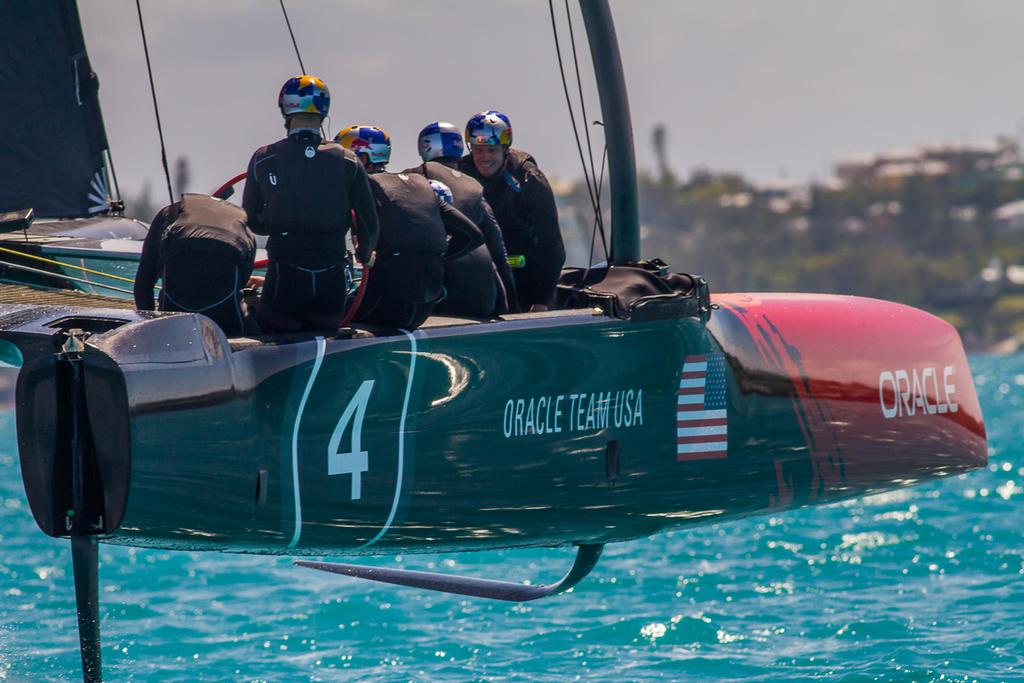 In the AC45S (Surrogates) the crew are standing in the hulls - somehow a seoond grinding position will be fitted - the ASC45S catamaran is wheel steered - Oracle Team USA  © Oracle Team USA media