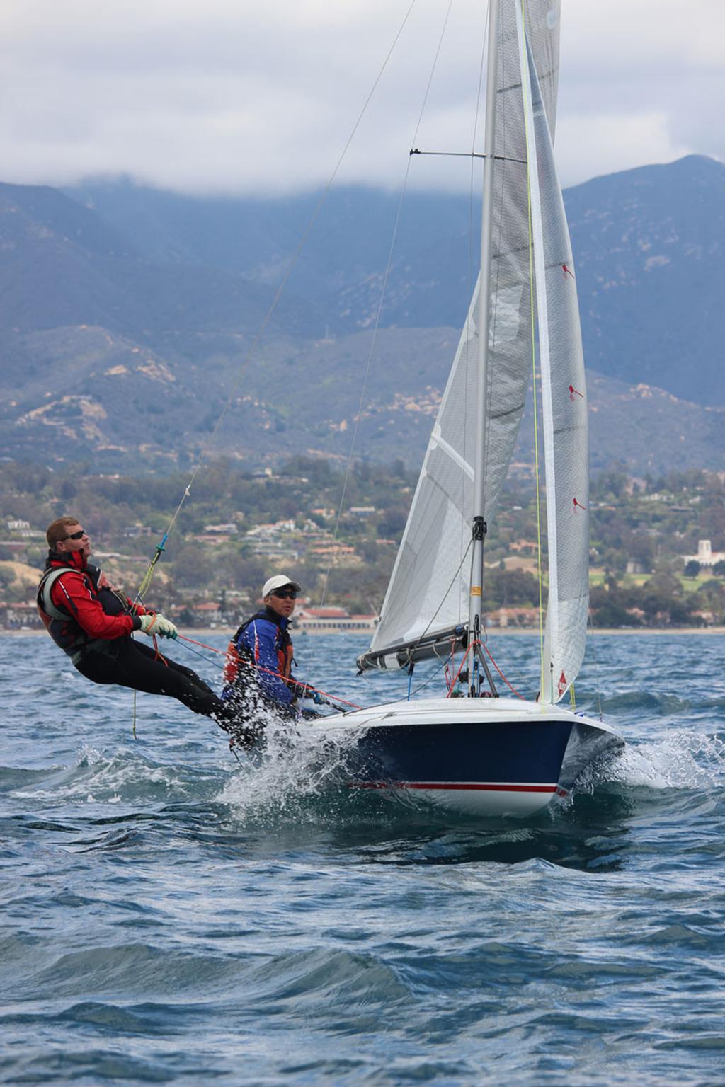 Doug Hagan (helm) came from Hawaii to part the Santa Barbara waves with Paul Von Grey (crew). © Jane Watkins